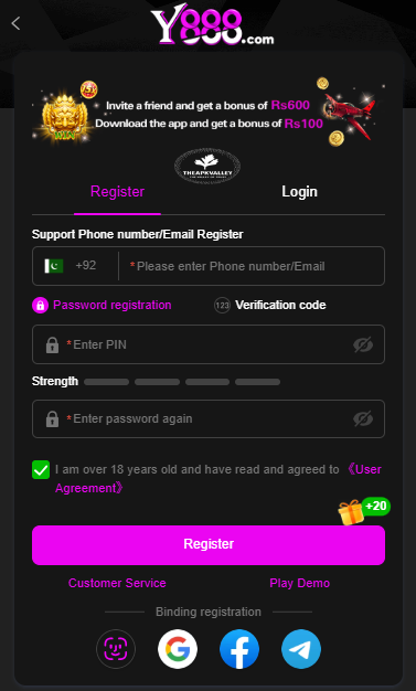 screen shoot of Y888 Game's registeration and login process