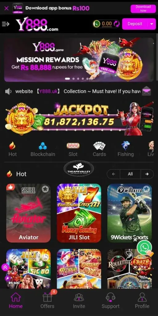 user interface (UI) of the y888 Game , which shows a jackpot and additional playing options.