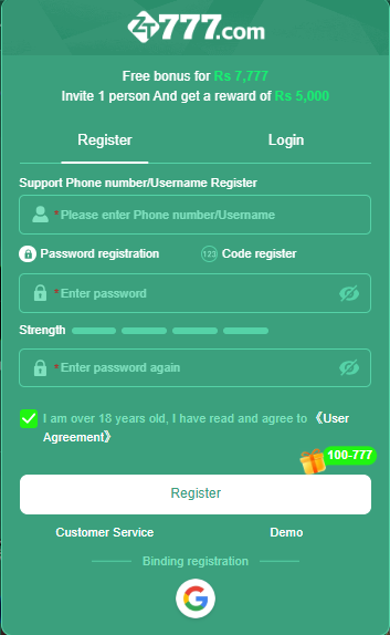 zt777 game ui of login and register