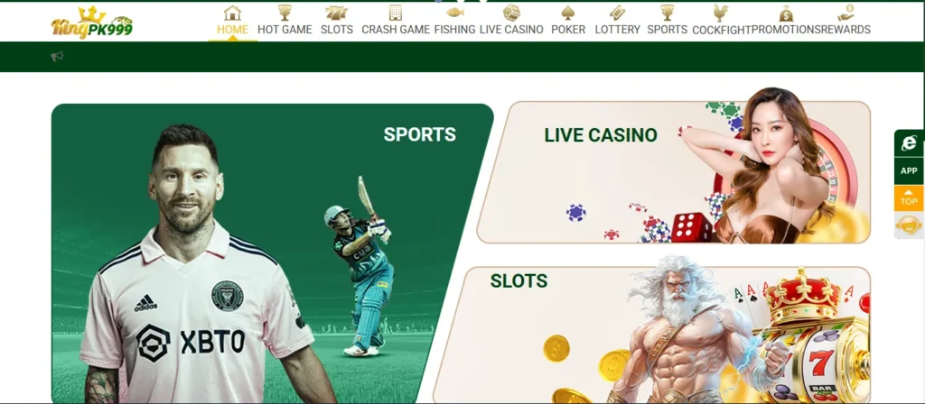 King PK999 Game homepage dashboard showing sports section, live casino, slots, poker and online gaming categories