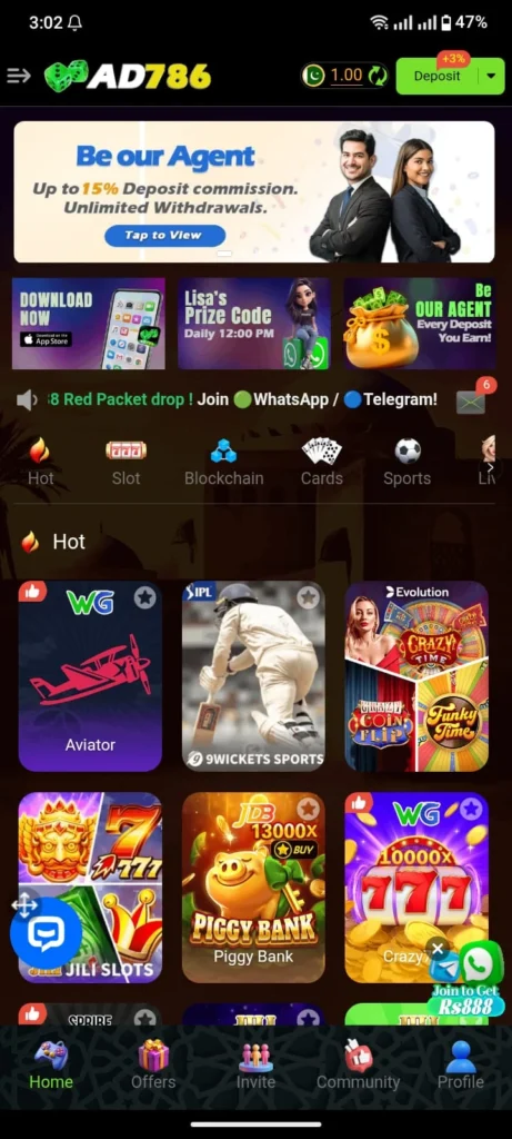 AD786 Game dashboard user interface showing account balance, game options, wallet section, and navigation menu