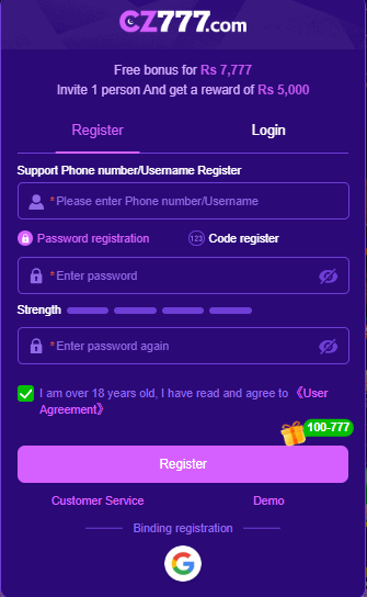 CZ777 Game registration page featuring signup form, user details fields, and secure account creation interface