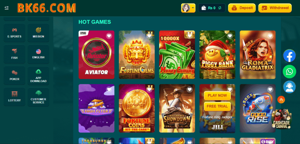 BK66 Game interface displaying the dashboard layout with clear menus, balance bar and gameplay shortcuts.