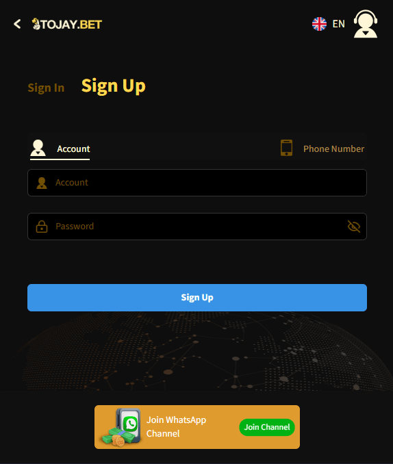 2J Bet Game login and registration screen displaying mobile number input, password fields, and sign-up options for new users.