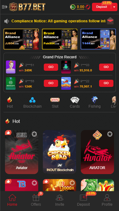 B77 Bet Game dashboard screen displaying available casino games, betting options, wallet balance, and user friendly navigation for mobile players