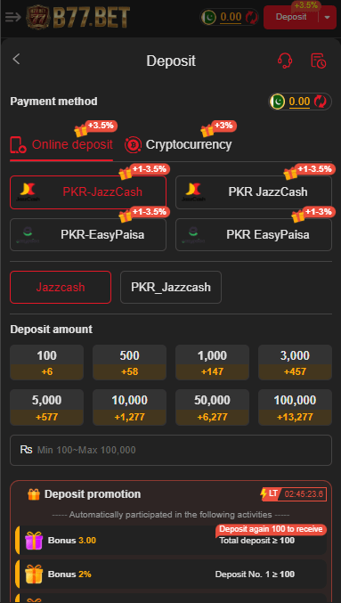 B77 Bet Game deposit screen showing easy payment options like JazzCash and EasyPaisa for adding money securely and quickly