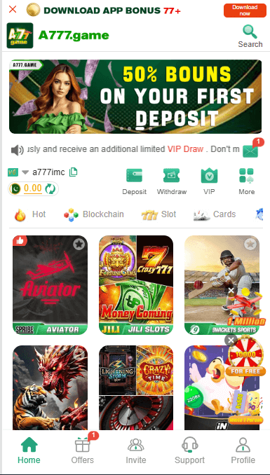 A777 Game main dashboard displaying game modes, balance section, user profile, and easy navigation inside the mobile gaming app