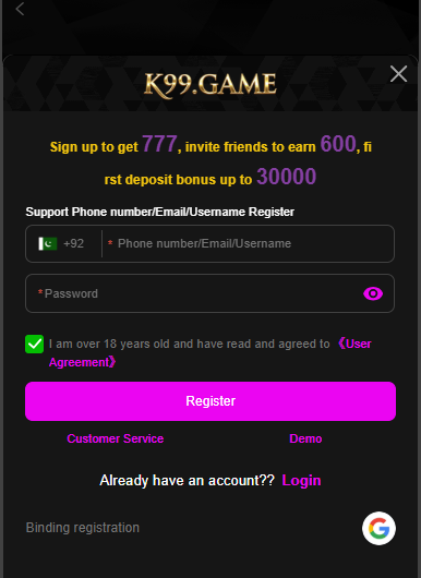 K99 Game registration screen showing easy account creation process inside the app