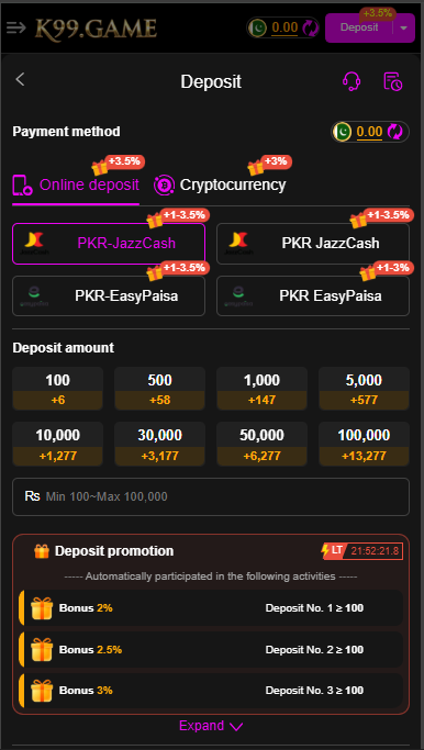 K99 Game deposit screen showing wallet balance and secure payment options
