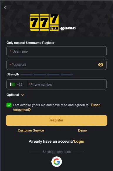 777PKR login and registration screen with account fields and password option