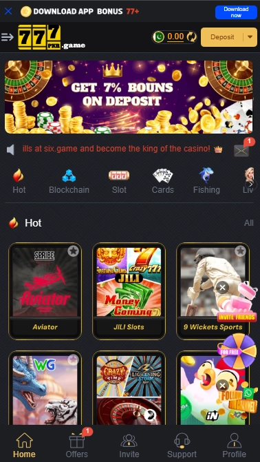 777PKR Game dashboard screen showing game categories and quick navigation