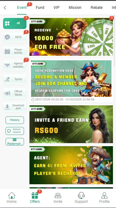 A777 game bonus promotion and invite rewards