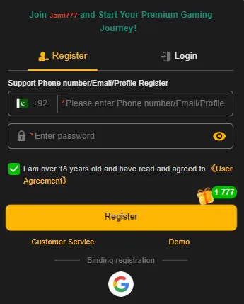 the jami777 games registration page with the sections of phone number and entering new password.
