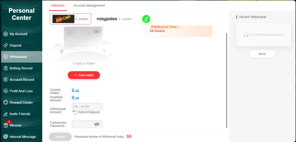 PK1947.com Personal Center withdrawal page with JazzCash and Easypaisa e-wallet tabs, Add wallet button, withdrawal time shown as 24 hours, and recent withdrawal panel.