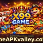 X99 Game logo with golden crown, jackpot slot 777, coins, dice, cards, pirate mascot and spin wheel, featuring TheAPKvalley.com branding on a glowing casino-style background