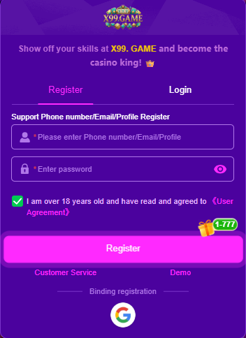 x99 game login and registration screen with phone/email input, password field, 18+ agreement checkbox, Register button, and Google sign-in option.