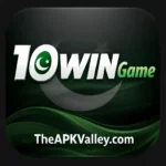 10WIN Game logo design showing green waves, crescent symbol, and TheAPKValley.com website branding