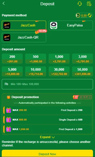 288Win Game deposit page showing JazzCash, EasyPaisa and deposit amount options
