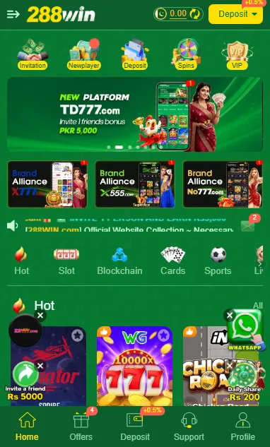 288Win Game home screen dashboard showing invitation, deposit, spins, VIP and hot games section