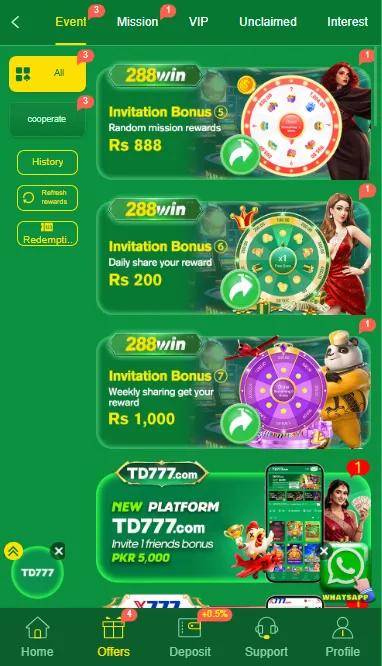 288Win Game invitation bonus screen showing random invitation rewards and weekly sharing bonus