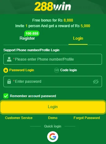 288Win Game login screen with phone number input, password login and customer service options