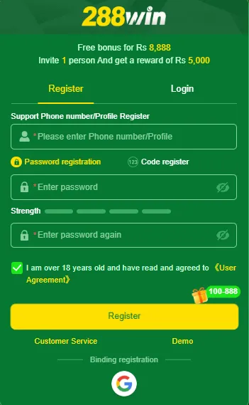 288Win Game registration page with phone number entry, password setup and user agreement option