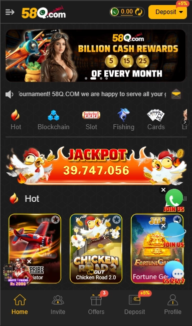 58Q Game main dashboard showing casino games, jackpot banner, navigation menu, and balance section on Android app