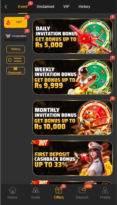 58Q Game offers page displaying daily, weekly, and monthly invitation bonuses with cashback promotions