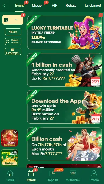 777cb Game events dashboard displaying lucky turntable, invite friends bonus, VIP mission rewards, and billion cash promotion inside the app interface.