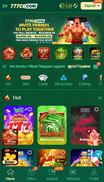 777cb Game home dashboard interface showing hot slot games, card games, fishing games, deposit button, withdraw option, and Telegram support for Pakistani players.