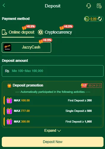 777cb Game JazzCash deposit screen showing online deposit option, cryptocurrency option, and Rs 100 to 100,000 deposit amount with promotional bonuses for Pakistani users.