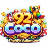 92 Coco Game official logo with vibrant gold 92 design and TheAPKValley branding for APK download platform