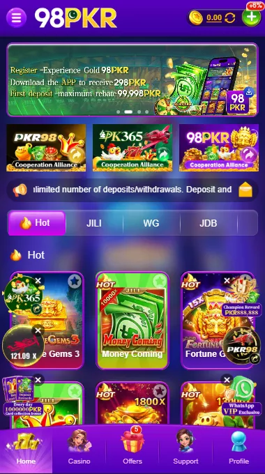 98PKR Game home screen displaying hot casino games, PKR365, PKR98 slots, money coming game, and gaming categories.
