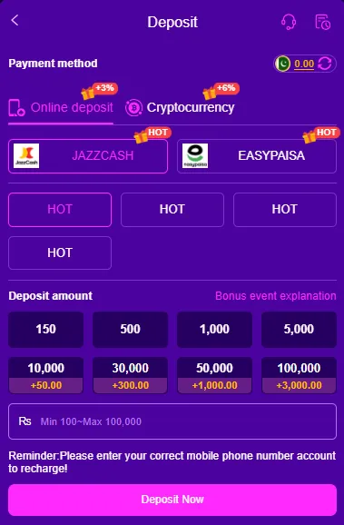 98PKR Game deposit screen showing JazzCash, EasyPaisa, minimum deposit options, bonus rewards, and PKR balance interface.