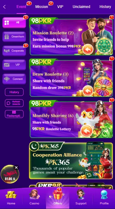 98PKR Game offers page showing mission roulette, draw roulette, monthly sharing rewards, and event bonus promotions.