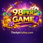 98PKR Game official logo with golden 98PKR text, gaming elements, coins, cards, purple background, and TheApkValley.com branding.