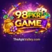 98PKR Game official logo with golden 98PKR text, gaming elements, coins, cards, purple background, and TheApkValley.com branding.