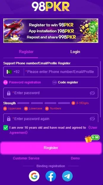 98PKR Game registration and login page with phone number, OTP verification, password setup, and user agreement option.