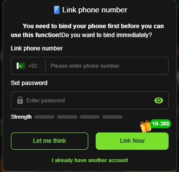 10WIN Game phone number linking screen showing Pakistan country code, password setup, account strength indicator, and link now option for secure account access