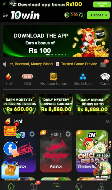 10WIN Game main dashboard displaying app download bonus of Rs 100, casino games menu, balance section, deposit button, and featured earning options on Android