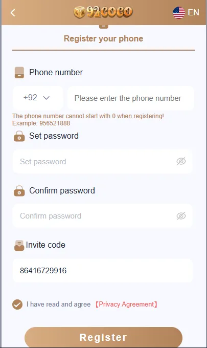92 coco Game registration page showing sign up form with mobile number, password fields, and account creation option