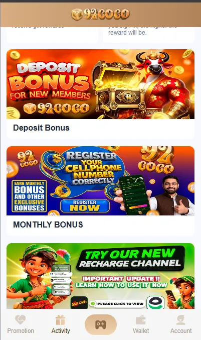 92 coco Game promotional page highlighting bonus offers, VIP rewards, daily login gifts, and special earning incentives