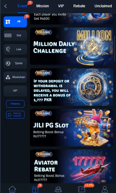 K55 game promotions page showing daily challenges, bonus events, rebate offers, and reward missions inside the app