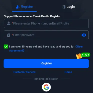 K55 game registration screen with phone number login, password field, user agreement checkbox, and register button