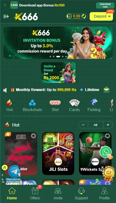 K666 Game home dashboard showing invitation bonus, Rs 2000 referral reward, monthly reward up to 999999 Rs and popular casino games