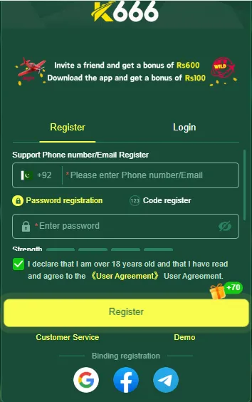 K666 Game registration page with phone number signup, password field and user agreement confirmation