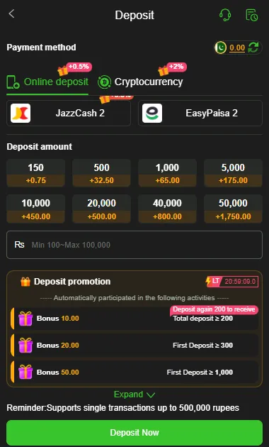 PK8888 Game deposit page showing JazzCash, EasyPaisa payment options and bonus promotion offers