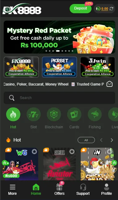 PK8888 Game home dashboard with hot games, mystery red packet banner and slot categories