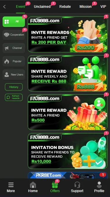 PK8888 Game invitation rewards screen with referral bonus and daily earning offers