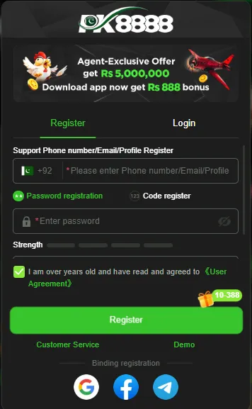 PK8888 Game registration page with phone number signup and password creation form